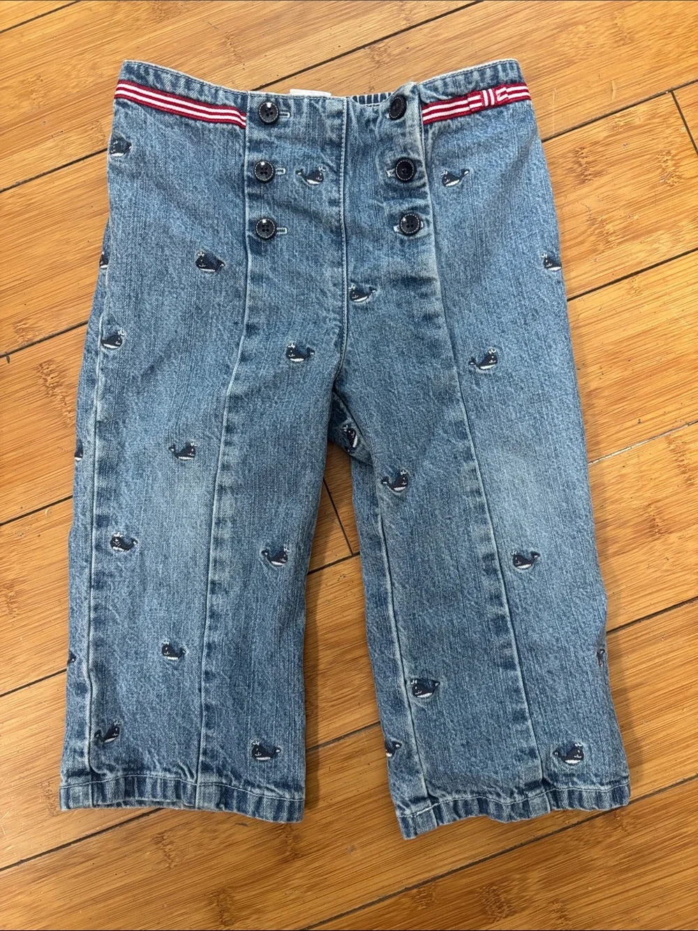 Toddler Whale-Embroidered Denim Jeans with Stripe Waist